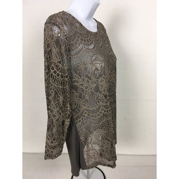 Maurices Womens Lace Overlay Top Size L 3/4 Sleeves Brown Gray Sheer Front - Picture 3 of 14
